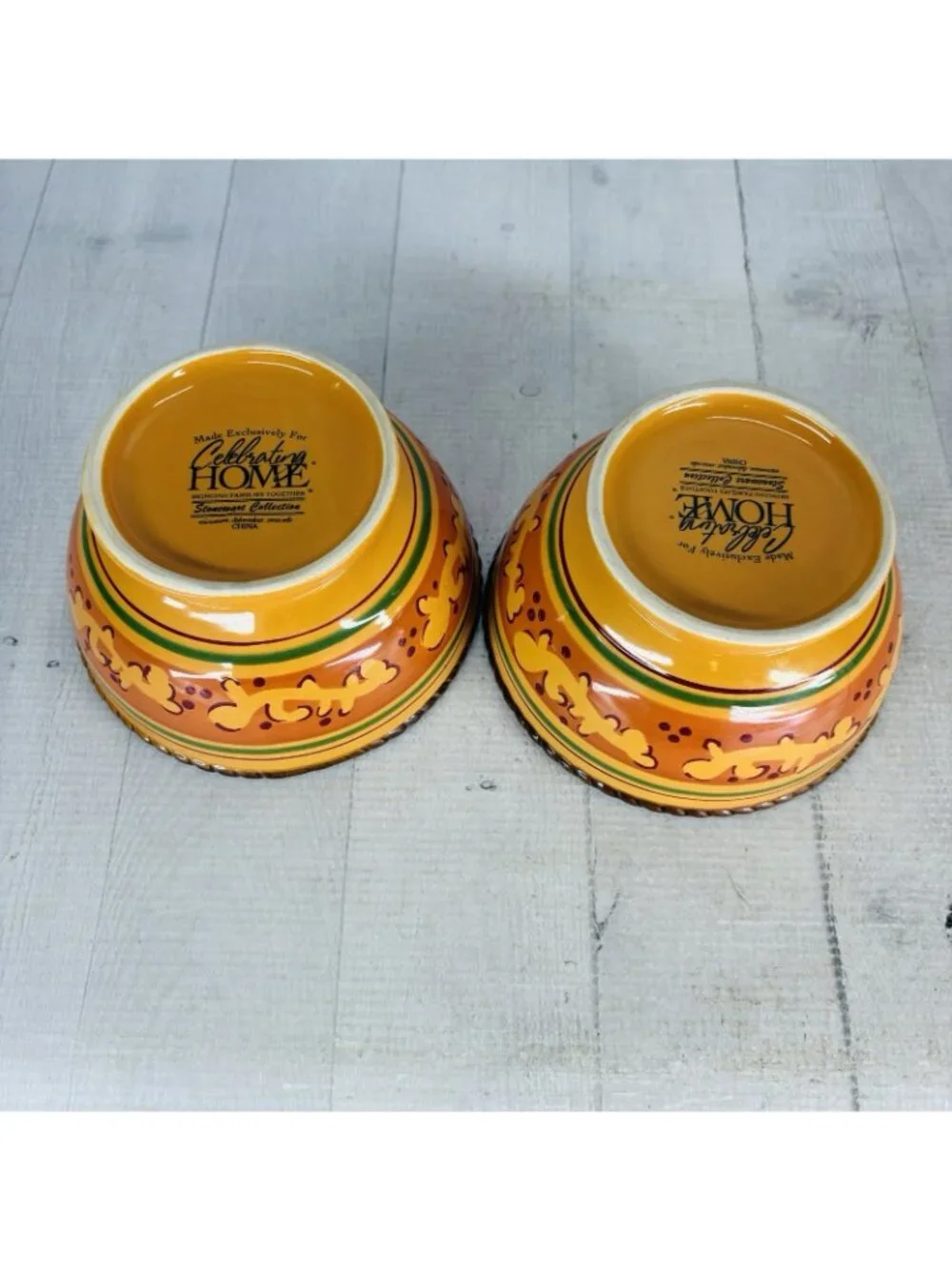 Celebrating Home TUSCAN Orange Yellow Stoneware Footed Soup Cereal Bowls Set 2